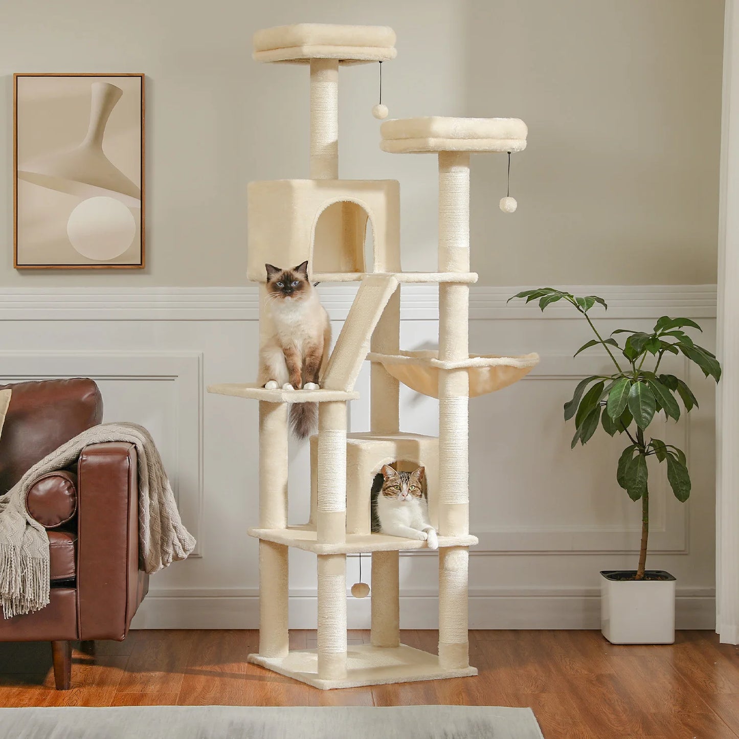 Deluxe 180cm Multi-Level Cat Tree with Plush Condo 6 Scratching Posts 2 Boards Perches Caves Hammock Pompoms for Active Felines