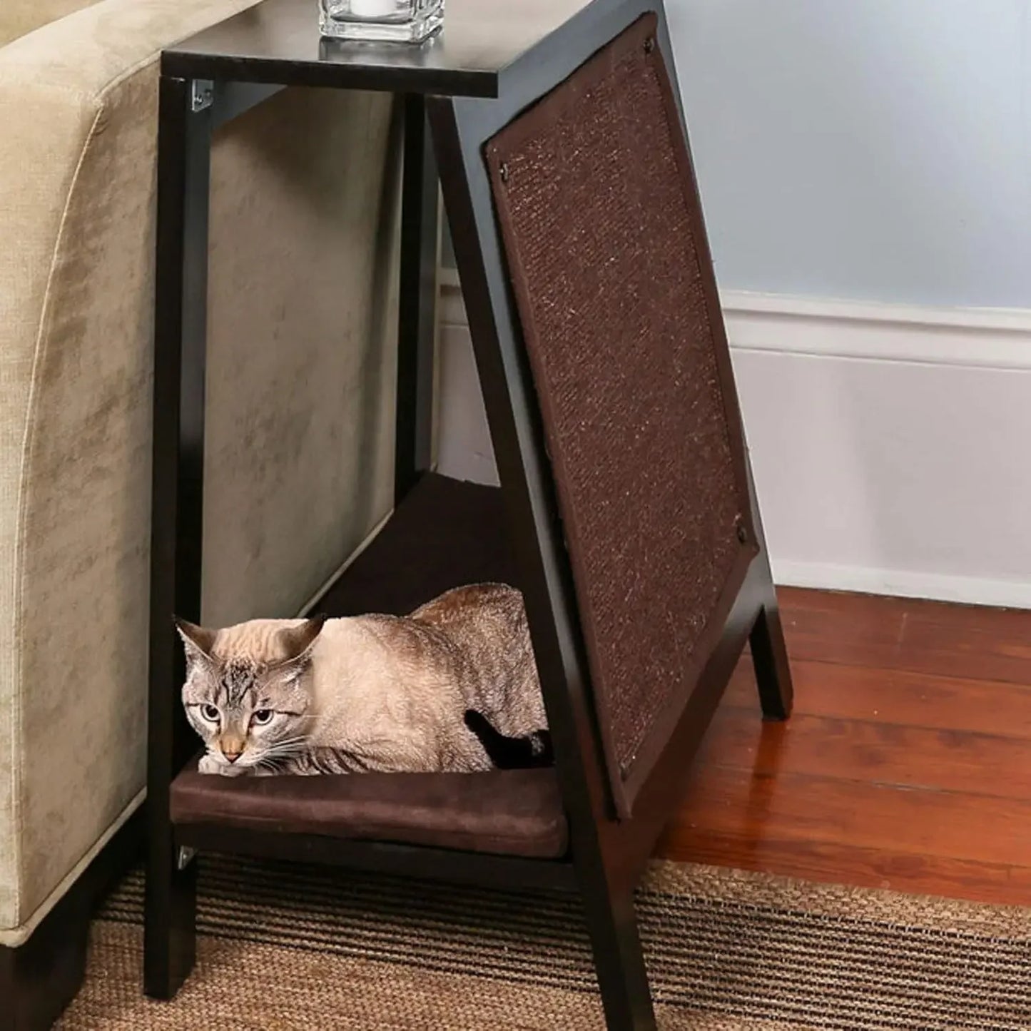 Wooden Cat Furniture Bed Scratching Post, End Table with Durable Sisal Board Scratcher Pad for Kitty
