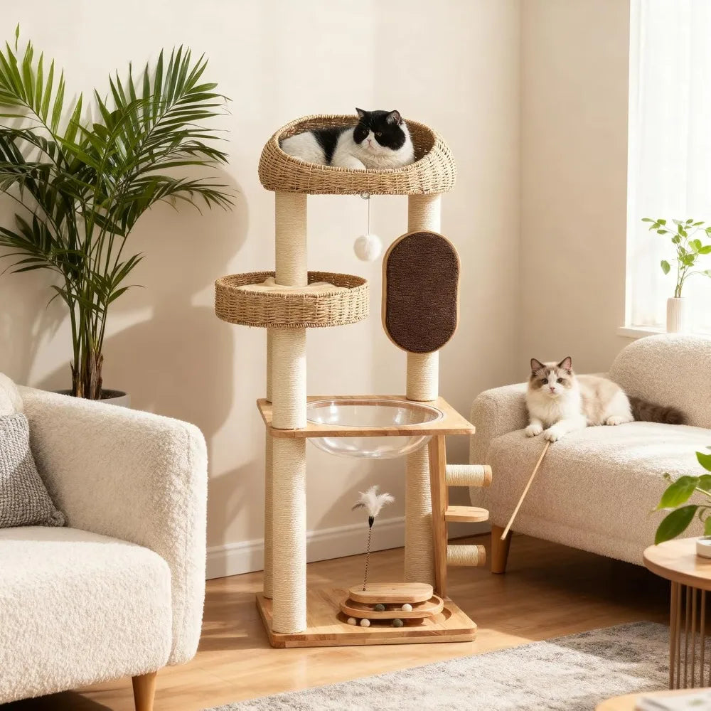 Modern Cat Tree Tower with Space Capsule, Hand-Woven Basket Nest, Sisal Posts & Scratching Board, 50 Inch Heavy-Duty