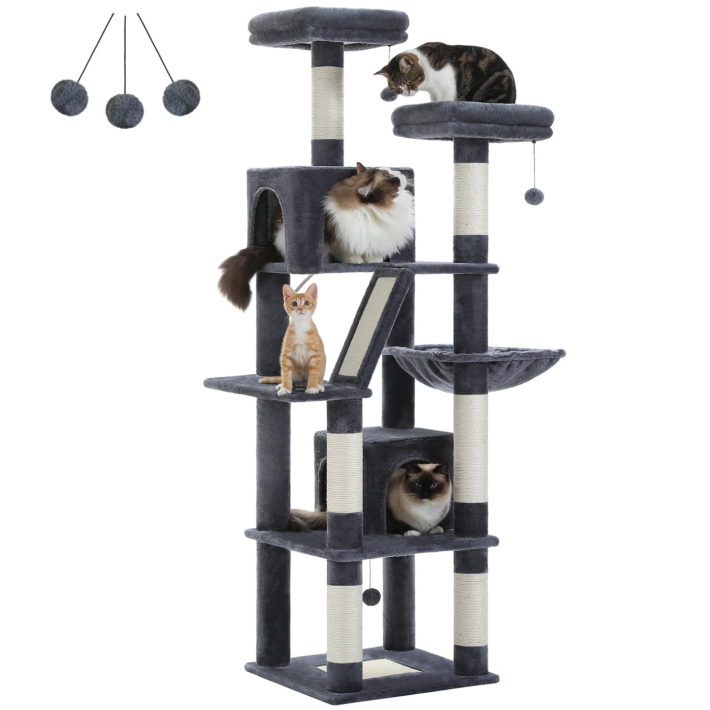 Deluxe 180cm Multi-Level Cat Tree with Plush Condo 6 Scratching Posts 2 Boards Perches Caves Hammock Pompoms for Active Felines