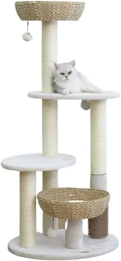 49" High 5-Level Large Cat Tree with Recycled Paper Rope Scratching Posts, Plush Cushions, Handwoven Baskets, Teaser Toy