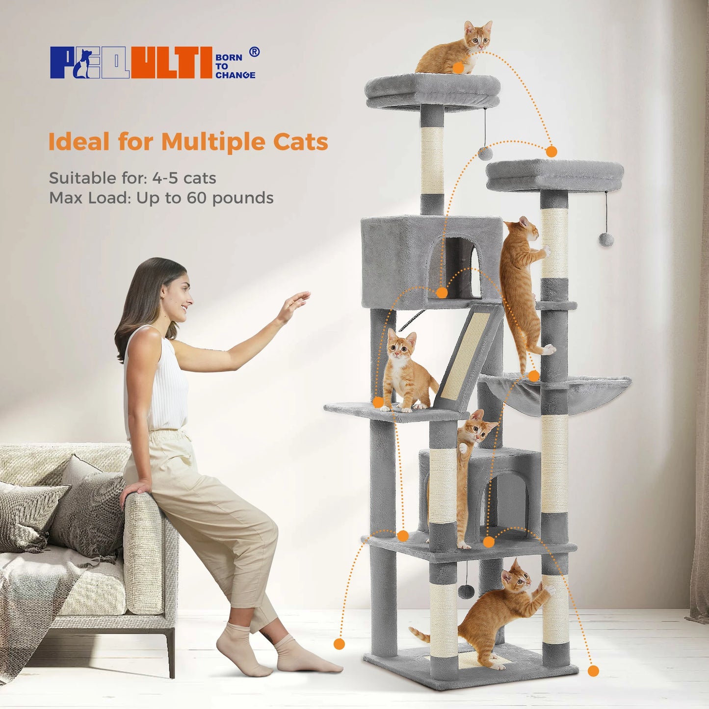 Deluxe 180cm Multi-Level Cat Tree with Plush Condo 6 Scratching Posts 2 Boards Perches Caves Hammock Pompoms for Active Felines