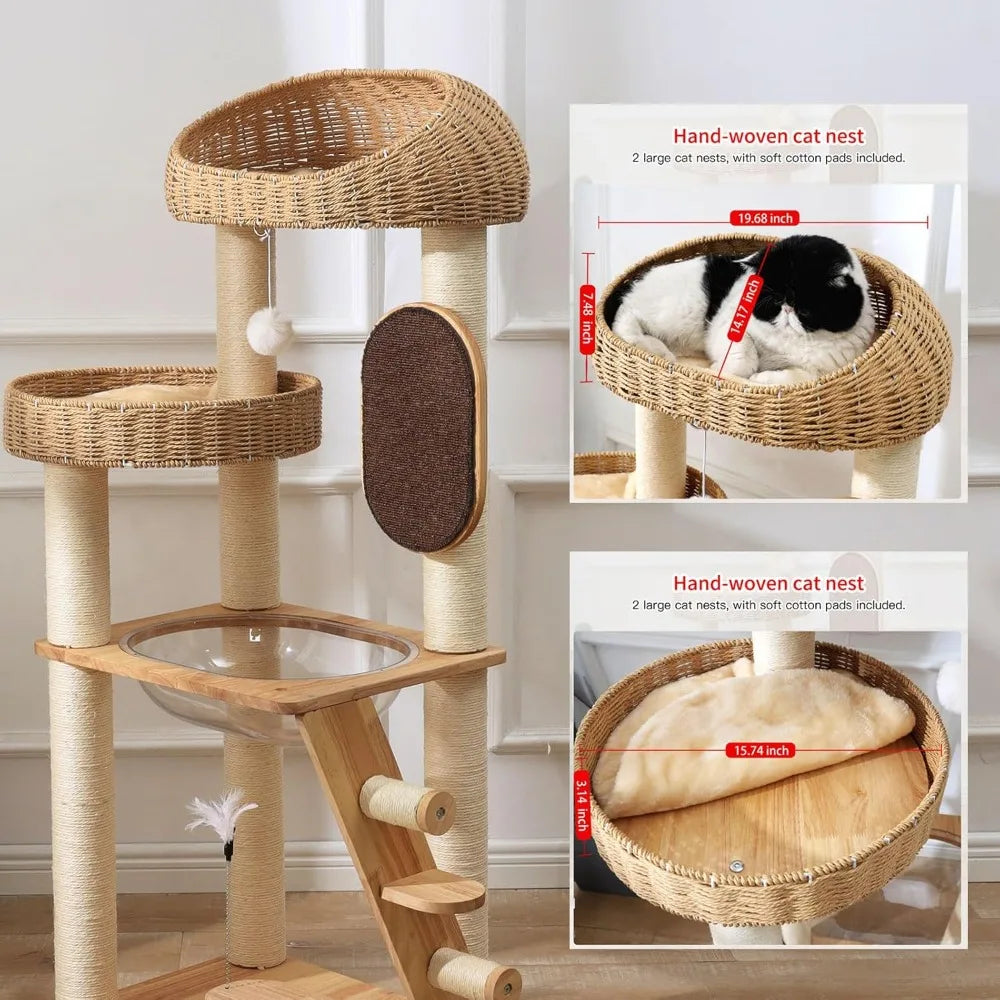 Modern Cat Tree Tower with Space Capsule, Hand-Woven Basket Nest, Sisal Posts & Scratching Board, 50 Inch Heavy-Duty