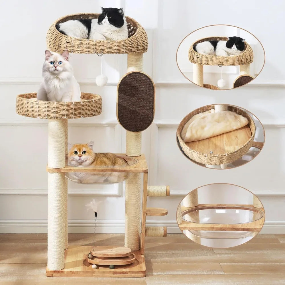 Modern Cat Tree Tower with Space Capsule, Hand-Woven Basket Nest, Sisal Posts & Scratching Board, 50 Inch Heavy-Duty