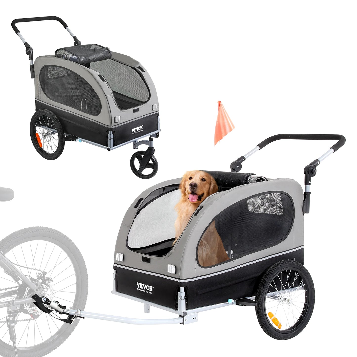 SucceBuy 88 lbs 2-in-1 Pet Stroller Cart Dog Bike Trailer with Wheels Reflectors Easy Folding Cart Frame Bicycle Coupler Carrier