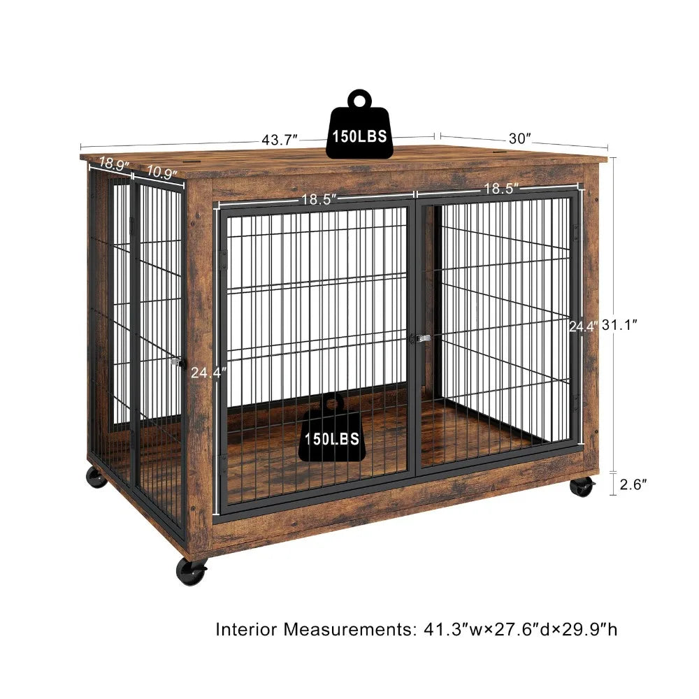 43" Large Dog Crate Wooden Kennel Heavy Duty Cage End Table Pet Furniture Brown