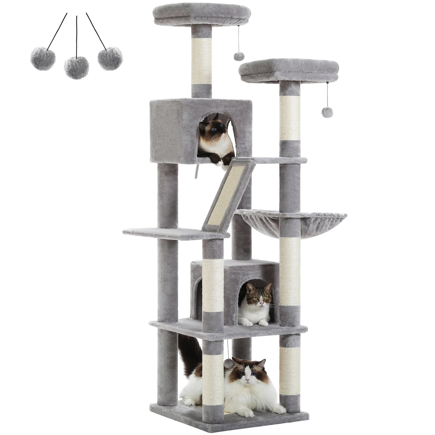 Deluxe 180cm Multi-Level Cat Tree with Plush Condo 6 Scratching Posts 2 Boards Perches Caves Hammock Pompoms for Active Felines