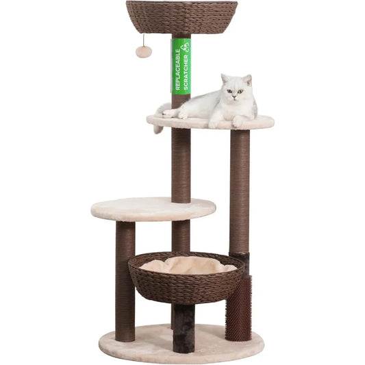 49" High 5-Level Large Cat Tree with Recycled Paper Rope Scratching Posts, Plush Cushions, Handwoven Baskets, Teaser Toy