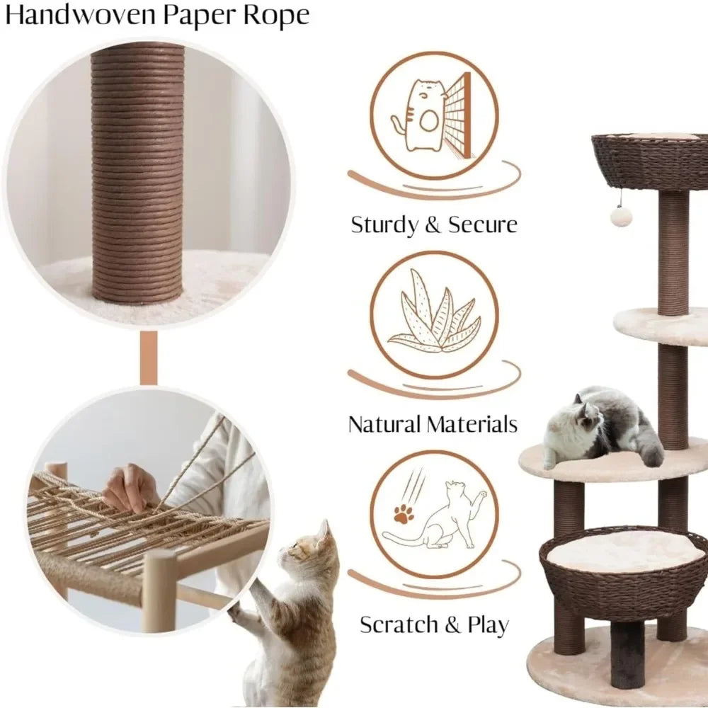 49" High 5-Level Large Cat Tree with Recycled Paper Rope Scratching Posts, Plush Cushions, Handwoven Baskets, Teaser Toy
