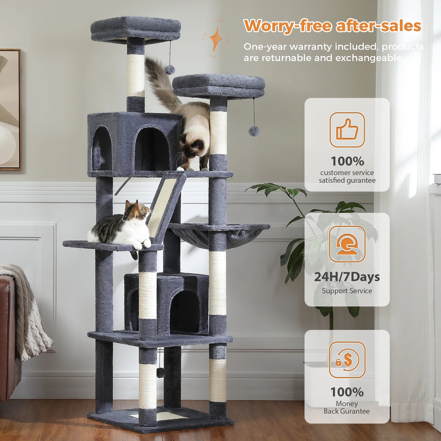 Deluxe 180cm Multi-Level Cat Tree with Plush Condo 6 Scratching Posts 2 Boards Perches Caves Hammock Pompoms for Active Felines