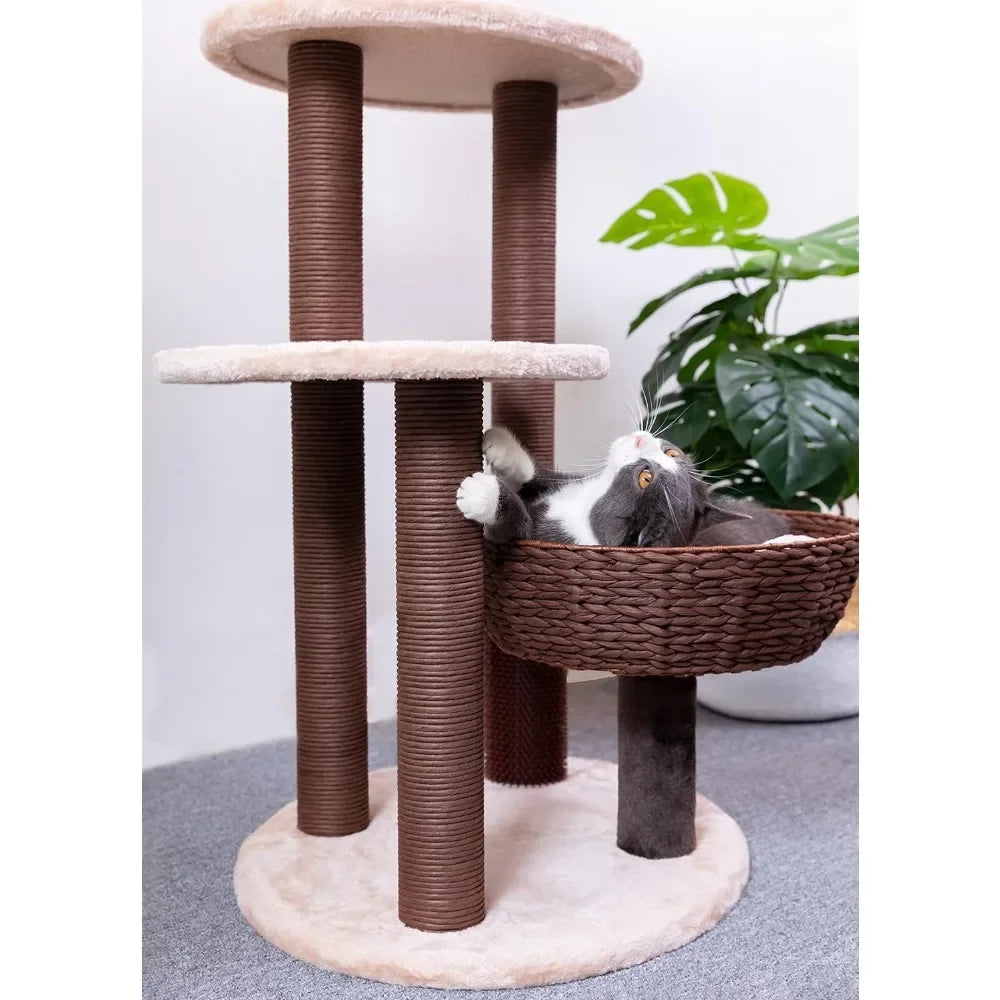 49" High 5-Level Large Cat Tree with Recycled Paper Rope Scratching Posts, Plush Cushions, Handwoven Baskets, Teaser Toy
