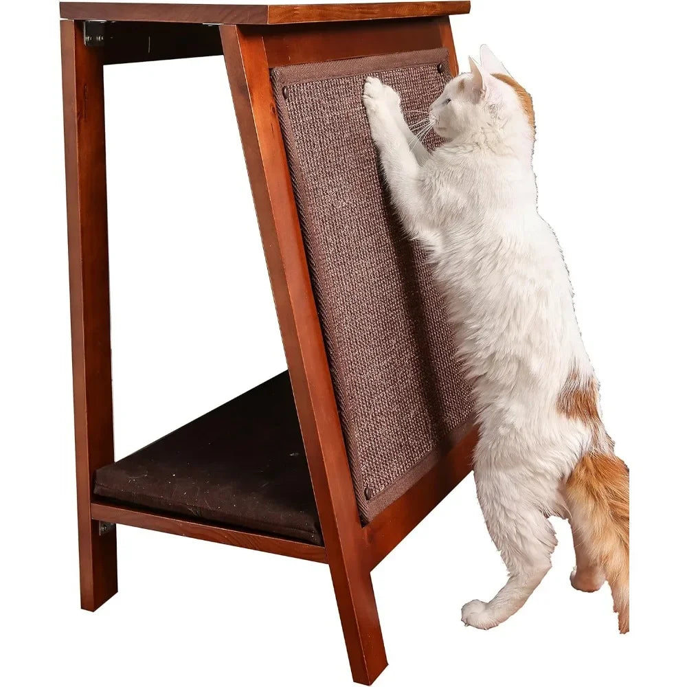 Wooden Cat Furniture Bed Scratching Post, End Table with Durable Sisal Board Scratcher Pad for Kitty