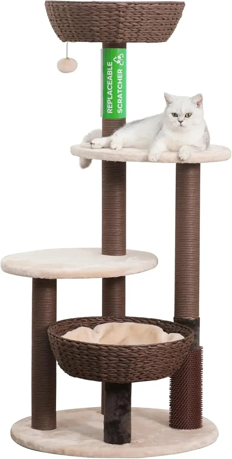 49" High 5-Level Large Cat Tree with Recycled Paper Rope Scratching Posts, Plush Cushions, Handwoven Baskets, Teaser Toy