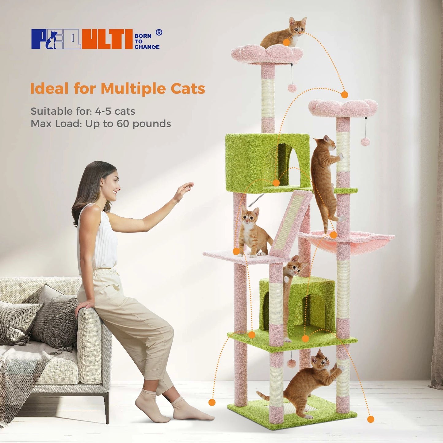 Deluxe 180cm Multi-Level Cat Tree with Plush Condo 6 Scratching Posts 2 Boards Perches Caves Hammock Pompoms for Active Felines