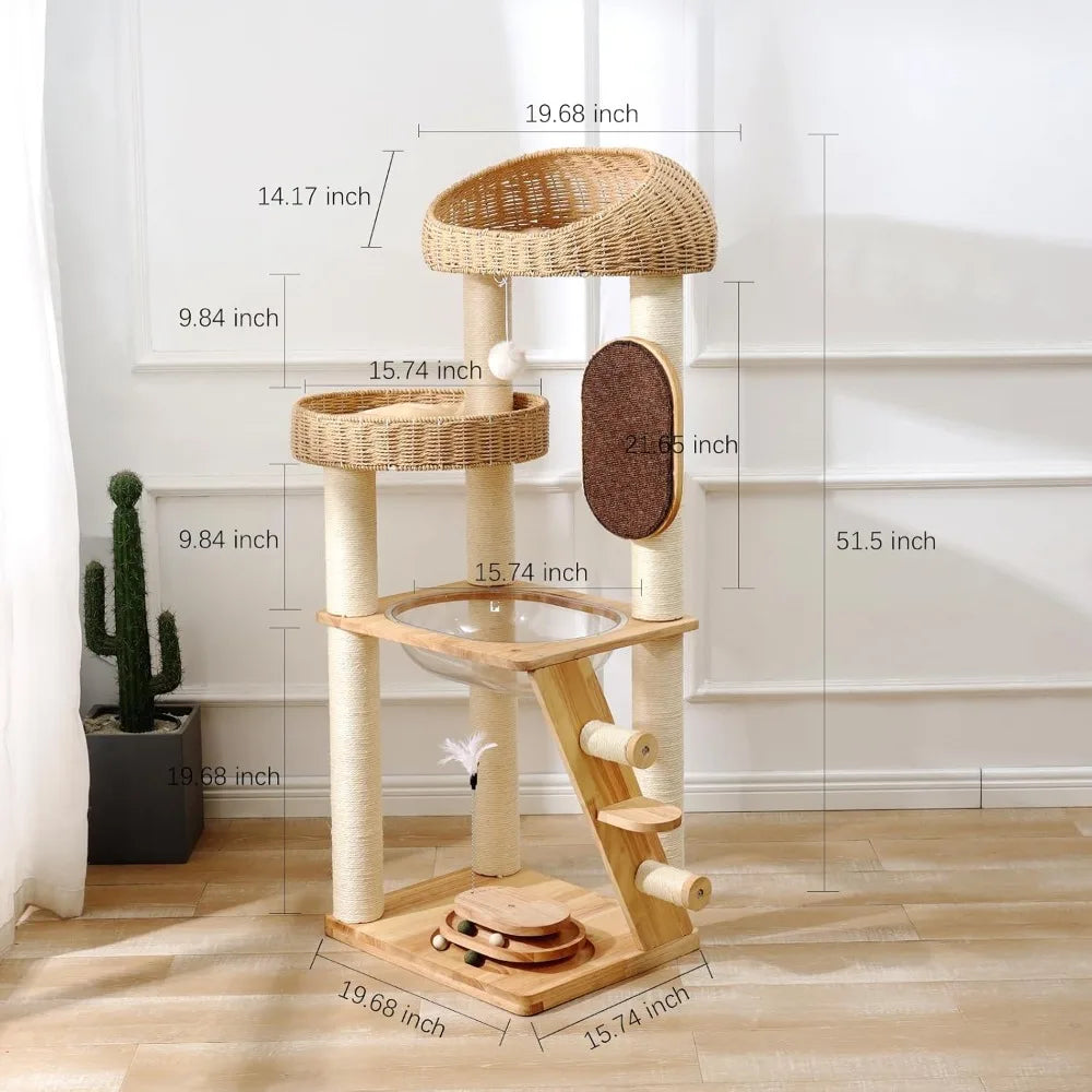 Modern Cat Tree Tower with Space Capsule, Hand-Woven Basket Nest, Sisal Posts & Scratching Board, 50 Inch Heavy-Duty