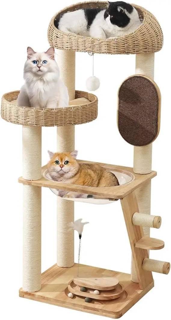 Modern Cat Tree Tower with Space Capsule, Hand-Woven Basket Nest, Sisal Posts & Scratching Board, 50 Inch Heavy-Duty