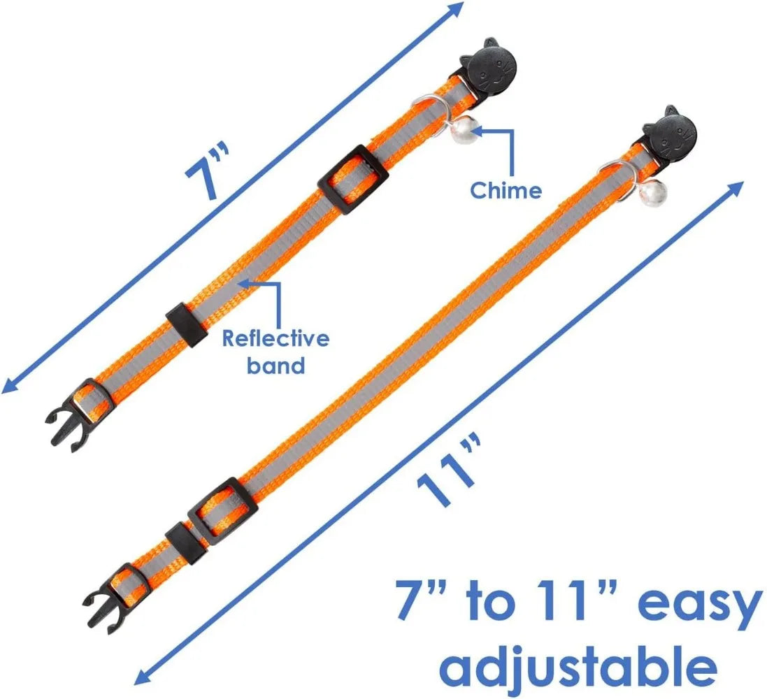 6-Pack Reflective Cat Collars with Bell, Safe Breakaway Nylon, Mixed Colors, Ideal for Cats, Includes Charms.