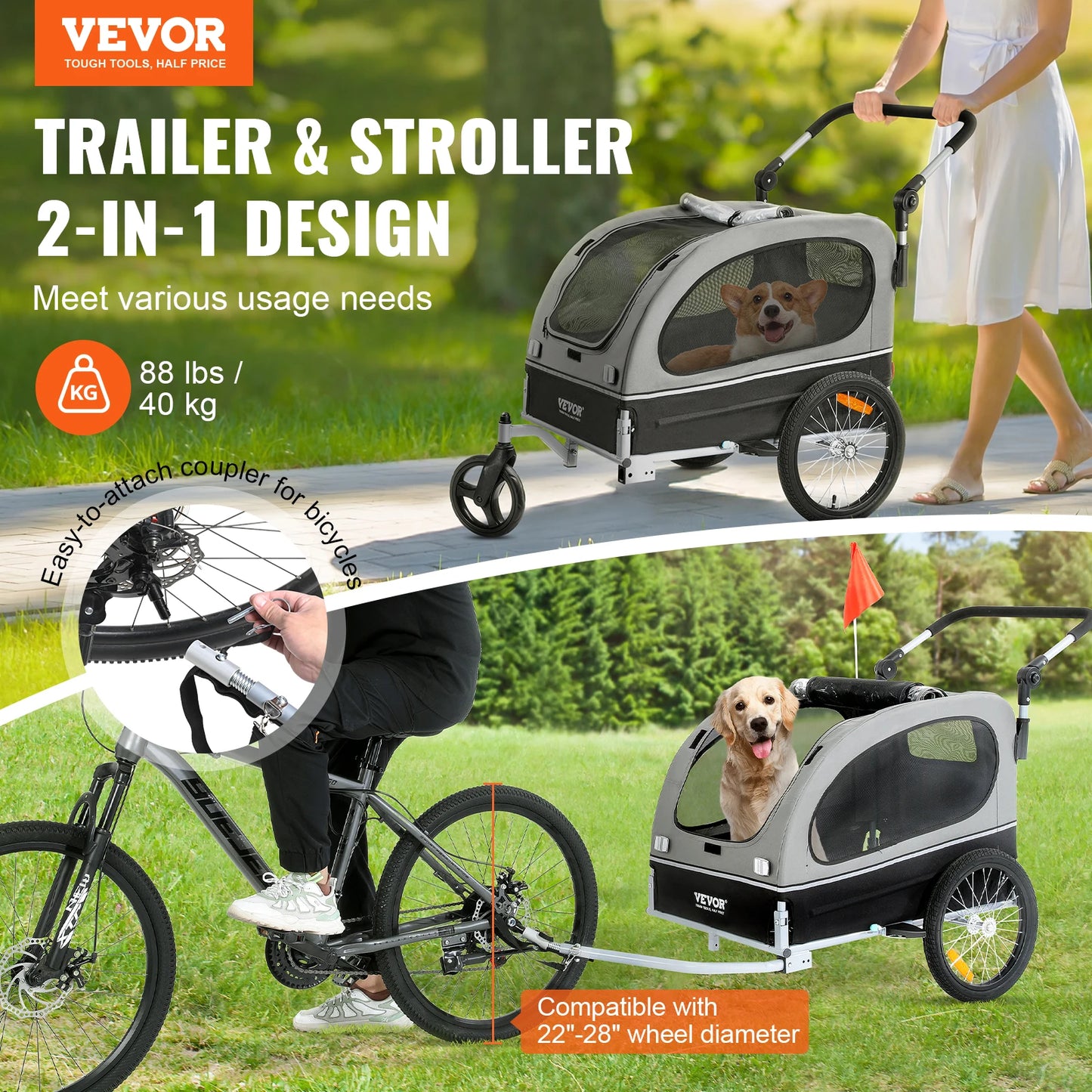 SucceBuy 88 lbs 2-in-1 Pet Stroller Cart Dog Bike Trailer with Wheels Reflectors Easy Folding Cart Frame Bicycle Coupler Carrier