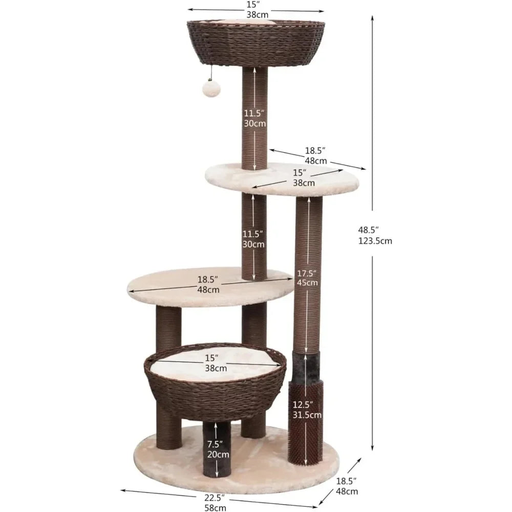 49" High 5-Level Large Cat Tree with Recycled Paper Rope Scratching Posts, Plush Cushions, Handwoven Baskets, Teaser Toy