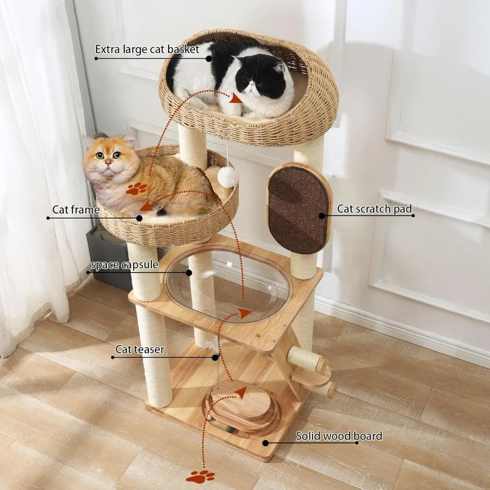 Modern Cat Tree Tower with Space Capsule, Hand-Woven Basket Nest, Sisal Posts & Scratching Board, 50 Inch Heavy-Duty