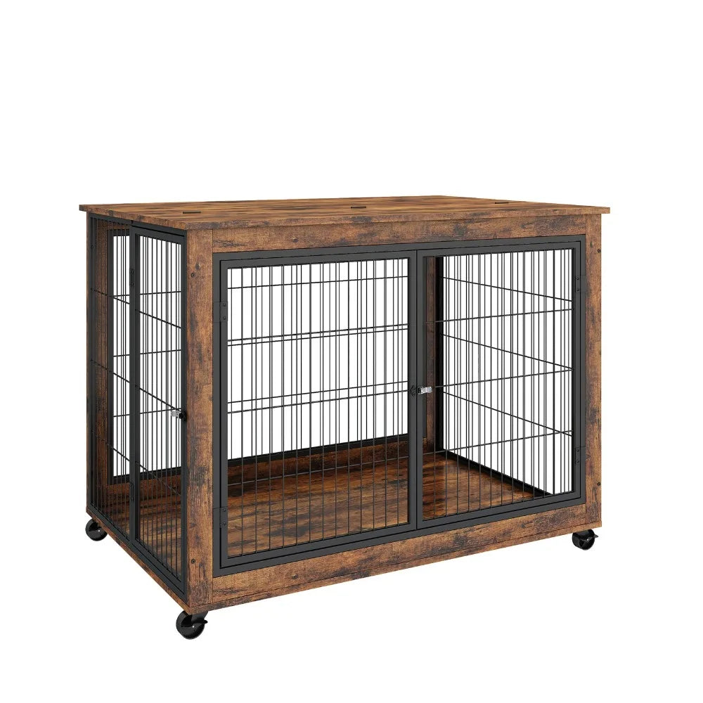 43" Large Dog Crate Wooden Kennel Heavy Duty Cage End Table Pet Furniture Brown